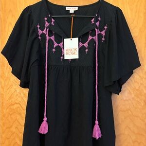 Knox Rose Black and Pink Embroidered Flutter Sleeve Blouse